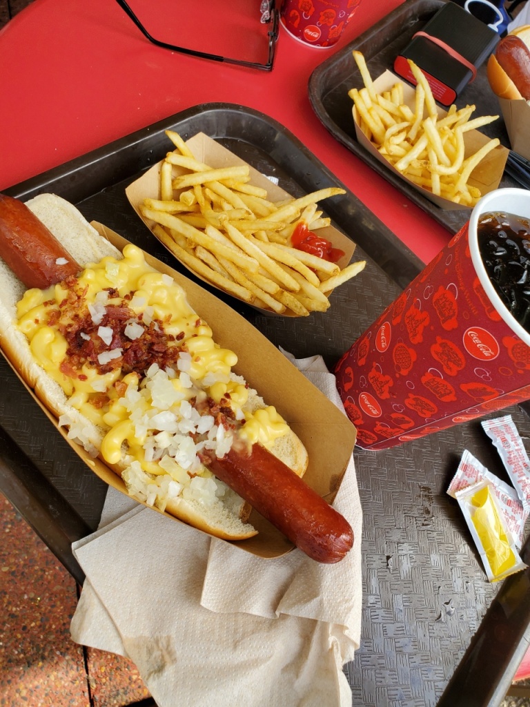 Macaroni and Cheese Footlong Hot Dog, Fries, and a Diet Coke